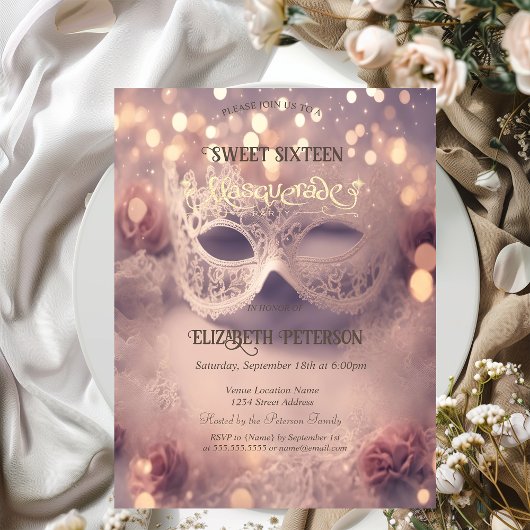 White Masque Diamonds Rose Gold Sweet 16 Einladung