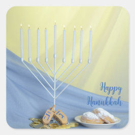 White Menorah Gold Coins & Dreidels Happy Hanukkah Quadratischer Aufkleber