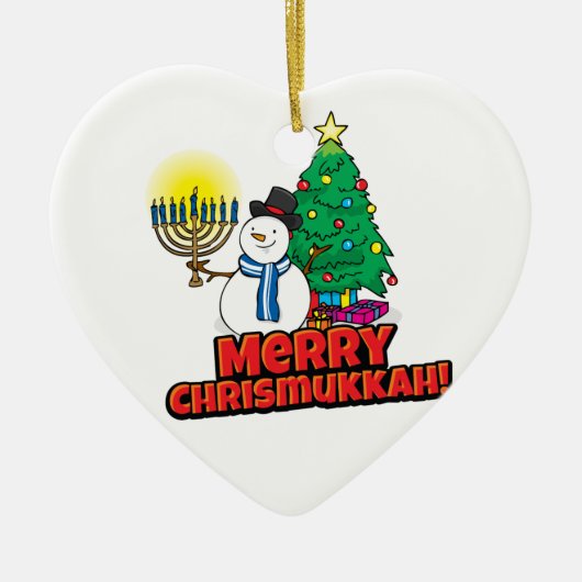 White Merry Chrismukkkah mit Snowman und Menorah Keramikornament (Vorne)