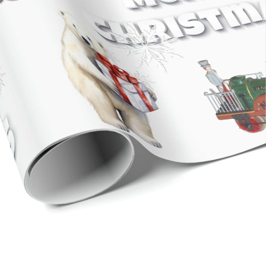White Merry Christmas Polar Bären Trains Geschenkpapier (Rolleneckpunkt)