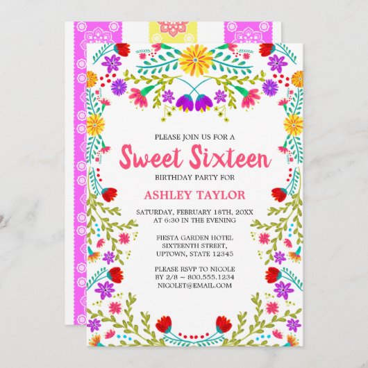 White Mexico Fiesta Folk Art Floral 16 . Geburtsta Einladung (Vorne/Hinten)