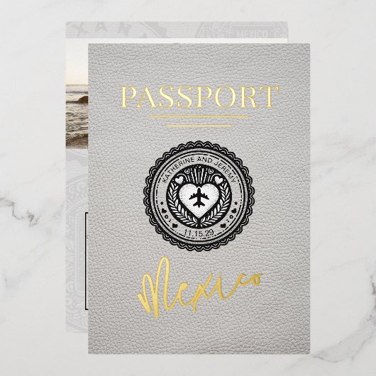 White Mexico Passport Hochzeit Folieneinladung (Vorderseite/Rückseite)