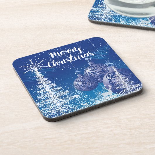 White & Midnight Blue Snow Frohe Weihnachten Untersetzer (Linke Seite)