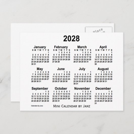White Mini Calendar von Janz 2028 Postkarte (Vorne/Hinten)