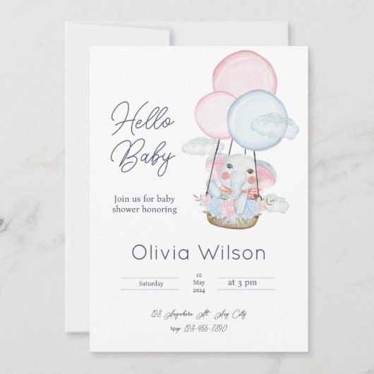 White Minimal Elephant Baby Dusche Einladung (Vorderseite)