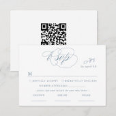 White Minimal Leaf Blue Schriftart & QR Code RSVP Karte (Vorne/Hinten)