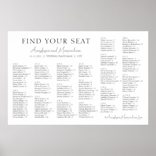 White Minimal Wedding Alphabetical Seating Chart Poster (Vorne)