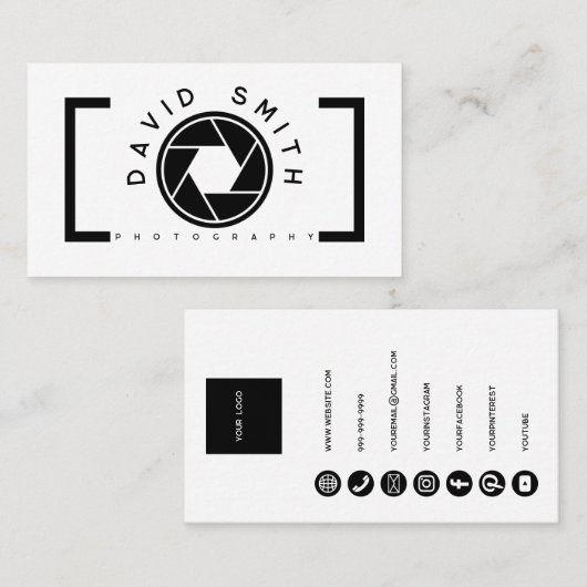 White Minimalist Camera Photographer Business Card Visitenkarte (Vorne/Hinten)