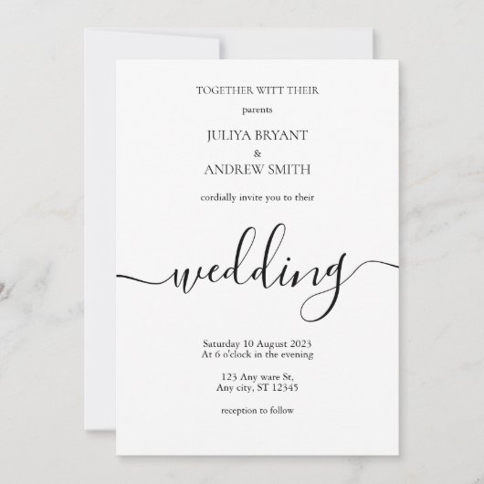 White Minimalist Script Hochzeit Einladung (Vorderseite)