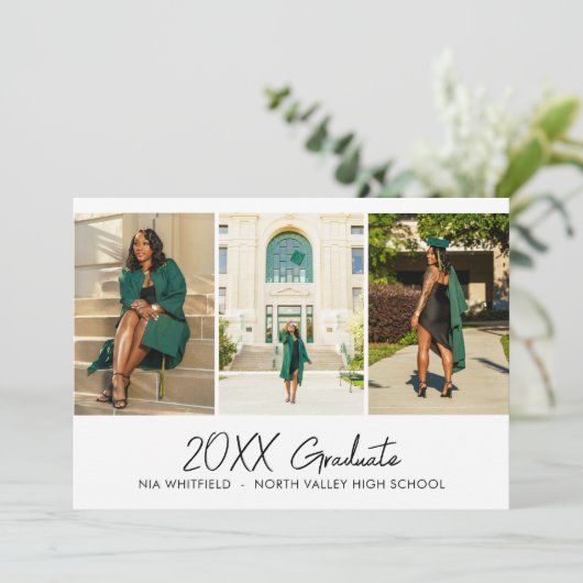 White Minimalistisch Foto Collage Graduation Party Einladung (Stehend Vorderseite)