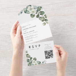 White Minimalistisch Modern Eucalyptus QR Code Wed All In One Einladung