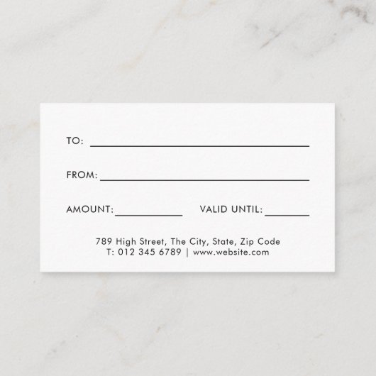 White Minimalistisch Modern Gift Certificate Mitteilungskarte (Rückseite)