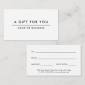 White Minimalistisch Modern Gift Certificate Mitteilungskarte (Vorne/Hinten)
