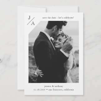 White Minimalistisch Modern Monogram Foto Celebrat Save The Date