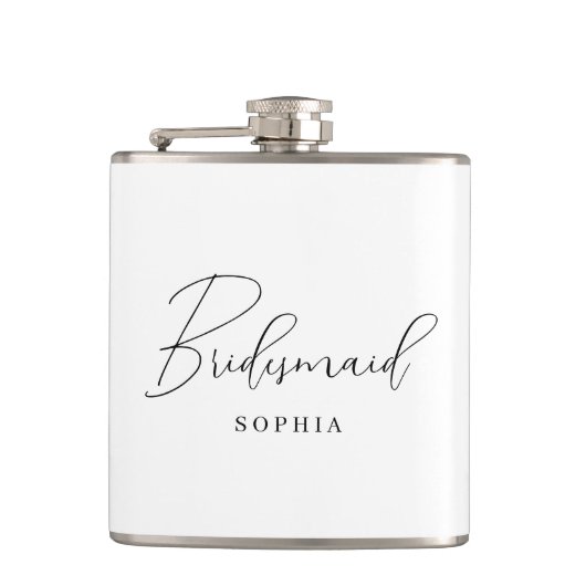 White Minimalistisch Script Typografy Bridesmaid Flachmann (Vorderseite)