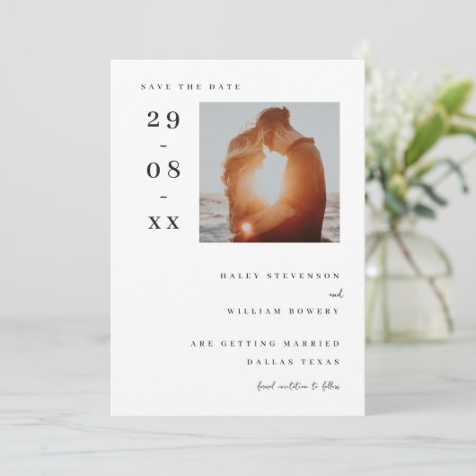 White Minimalistisch Simple Foto Save the Date Einladung (Stehend Vorderseite)