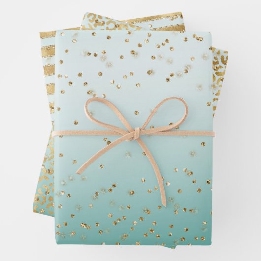 White Mint Gold Glitz Sparkle Streifen Leopard Geschenkpapier Set (Beispiel)