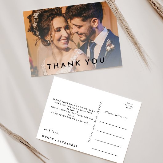 White Modern Bold Wedding Foto Vielen Dank Postkarte