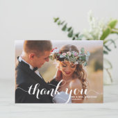 White Modern Calligraphy Foto Wedding Dankeskarte (Stehend Vorderseite)