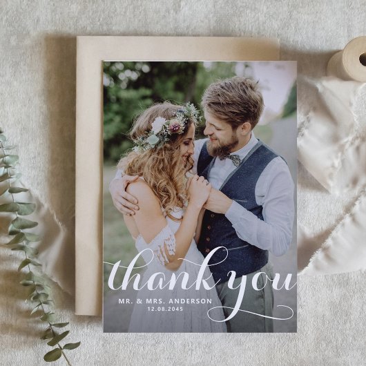 White Modern Calligraphy Foto Wedding Dankeskarte