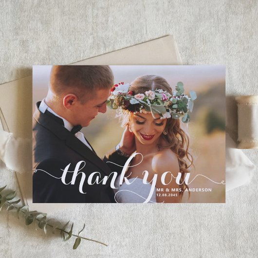 White Modern Calligraphy Foto Wedding Dankeskarte