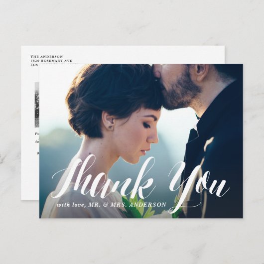 White Modern Calligraphy Foto Wedding Vielen Dank Postkarte (Vorne/Hinten)