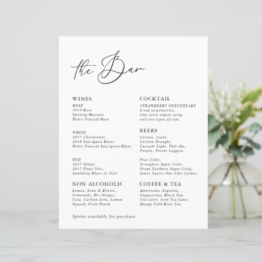 White Modern Calligraphy Wedding Bar Menu (Stehend Vorderseite)
