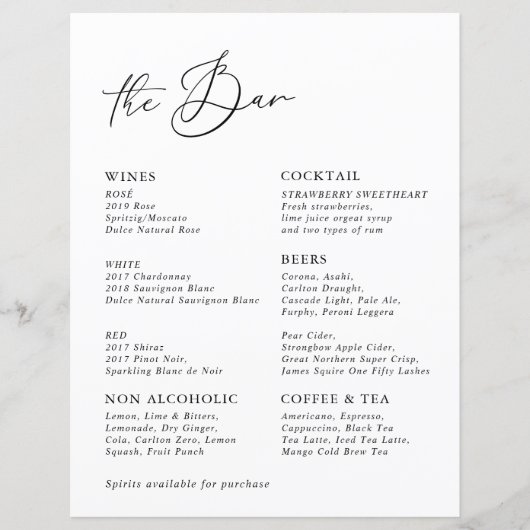 White Modern Calligraphy Wedding Bar Menu (Vorderseite)