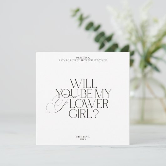 White Modern Classic Flower Girl Proposal Card Einladung (Stehend Vorderseite)