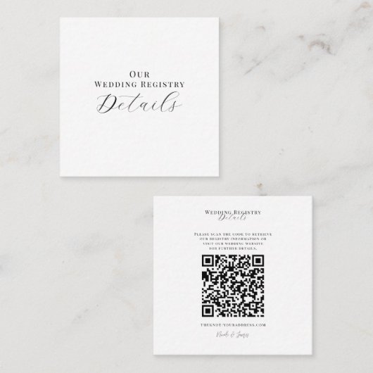 White Modern Minimal Wedding Registry QR Code Quadratische Visitenkarte (Vorne/Hinten)