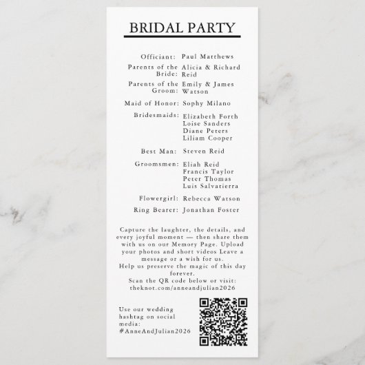 White Modern Minimalist Bridal Program QR Code Programm (Rückseite)