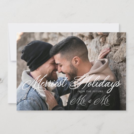White Modern Mr & Mr Happiest Holidays Christmas Save The Date (Vorderseite)