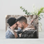 White Modern Mr & Mr Happiest Holidays Christmas Save The Date (Stehend Vorderseite)