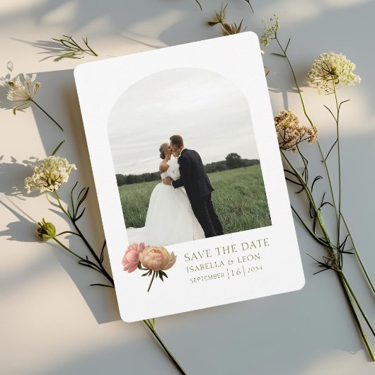 White | Modern Olive Green Rose Save the Date Einladung