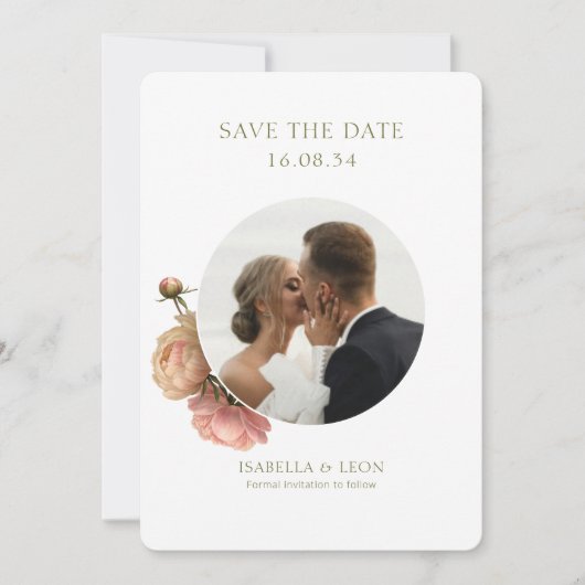 White | Modern Olive Green Rose Save the Date Einladung (Vorderseite)
