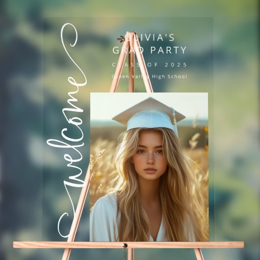 White Modern Script Foto Grad Party Willkommen Acrylschild (Neutral)