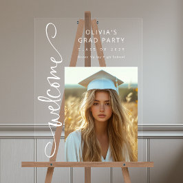 White Modern Script Foto Grad Party Willkommen Acrylschild
