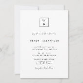 White Modern Script Monogram Wappen Hochzeitdetail Einladung (Vorderseite)