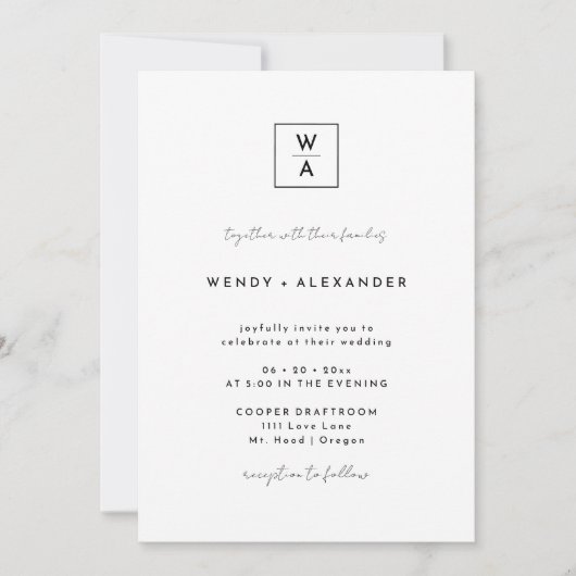 White Modern Script Monogram Wappen Hochzeitdetail Einladung (Vorderseite)