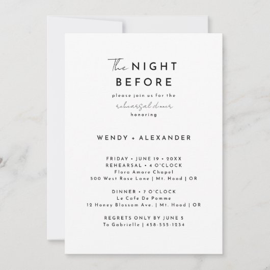 White Modern Script Night Before Probe Dinner Einladung (Vorderseite)