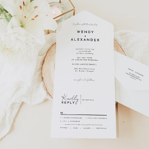 White Modern Script Wedding All In One Einladung
