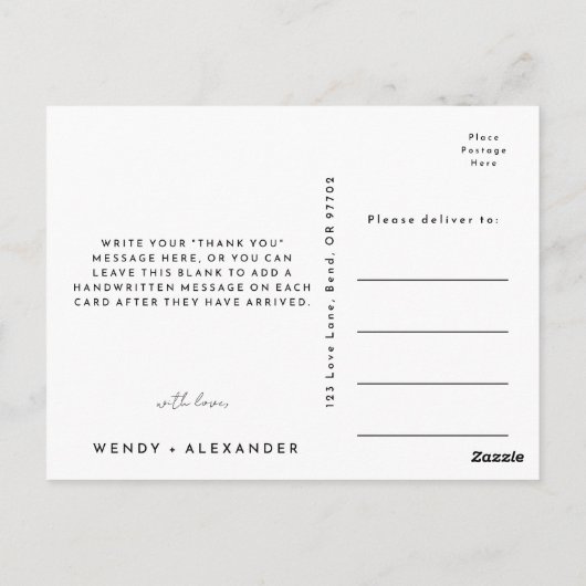 White Modern Script Wedding Danke Postcard Postkarte (Rückseite)