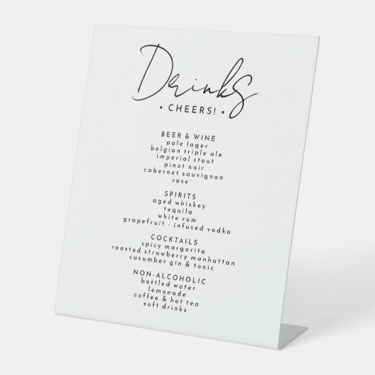 White Modern Script Wedding Drinks Menü Sockelschild (Vorderseite)