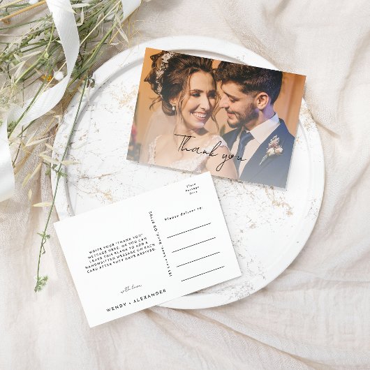 White Modern Script Wedding Foto Vielen Dank Postkarte