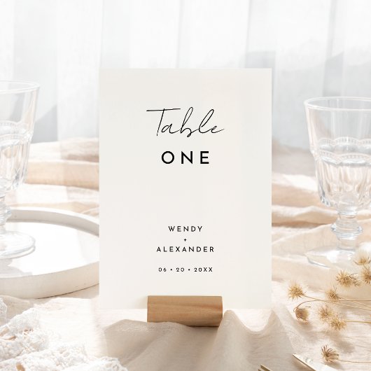 White Modern Script Wedding Tischnummer Card
