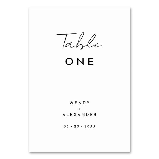 White Modern Script Wedding Tischnummer Card (Vorderseite)