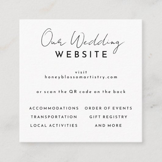 White Modern Script Wedding Website QR Code Begleitkarte (Vorderseite)