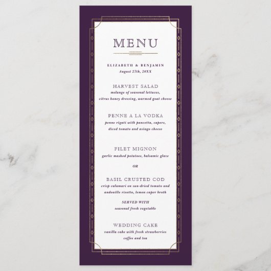 White Modern Vintag Pflaume Lila Goldfolie Hochzei Menükarte (Vorderseite)