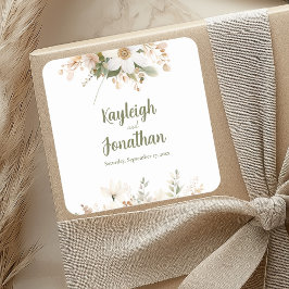 White Modern Watercolor Floral Wedding Quadratischer Aufkleber
