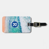 White Monogram & Blue Name, Beach Waves, Info Vs 3 Gepäckanhänger (Vorderseite horizontal)